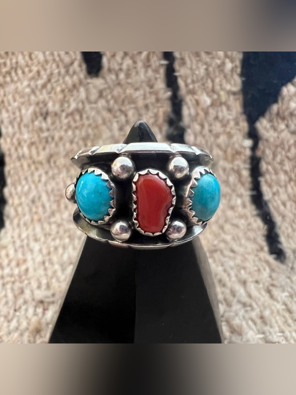 ❤️Signed Native Reed Charley Kingman Turquoise Red Coral 925 Navajo Ring Sz 7.25